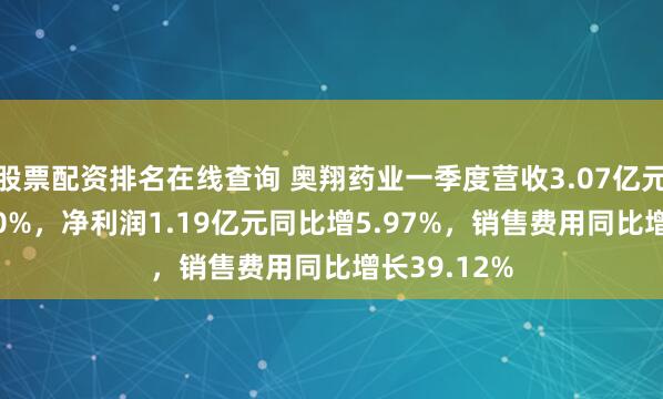 股票配资排名在线查询 奥翔药业一季度营收3.07亿元同比增1.90%，净利润1.19亿元同比增5.97%，销售费用同比增长39.12%