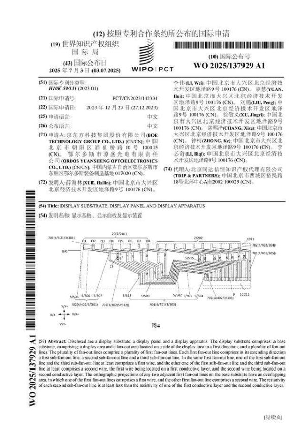 168股票配资 京东方Ａ公布国际专利申请：“显示基板、显示面板及显示装置”